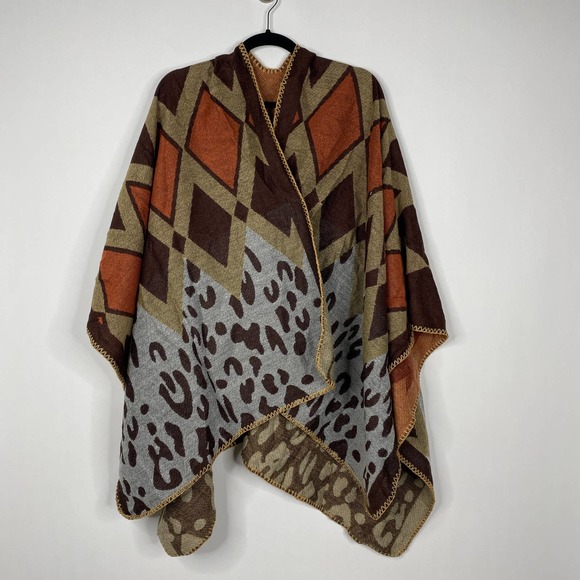 NEW Boho Diamond Cheetah Ruana Oversized Open Wrap Poncho Blanket Scarf - Picture 2 of 8